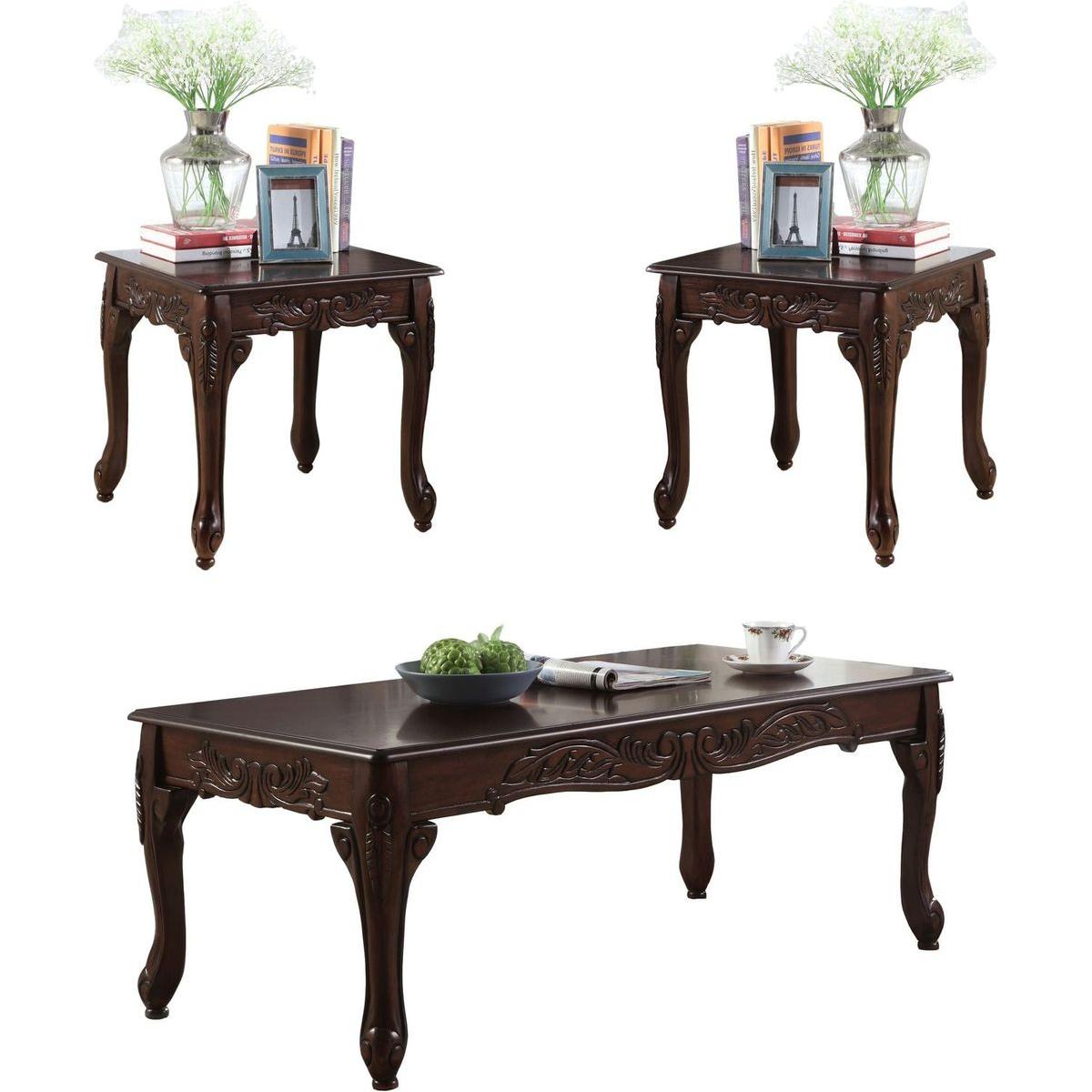3Pc Dark Cherry Finish Coffee & End Table Set