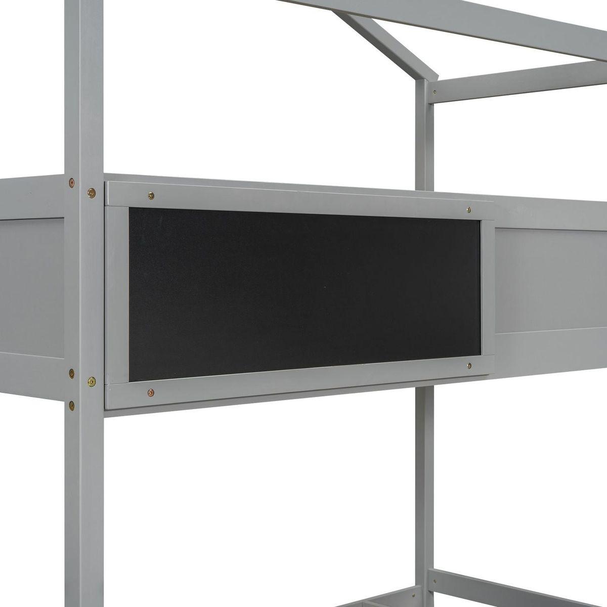 Twin over Full House Bunk Bed with Storage Staircase and Blackboard,Gray