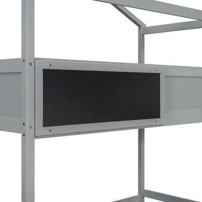 Twin over Full House Bunk Bed with Storage Staircase and Blackboard,Gray