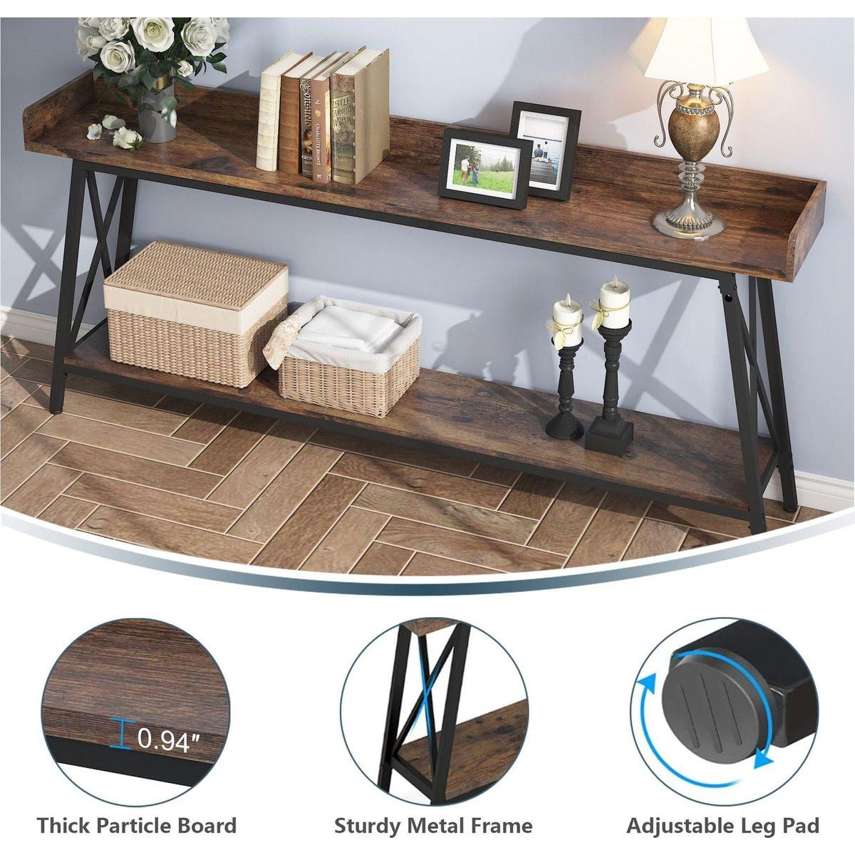 70.87 inch Extra Long Console Table Behind Couch, Rustic Industrial Sofa Table for Living Room, Narrow Entryway Hallway Long Bar Table, Brown+Black
