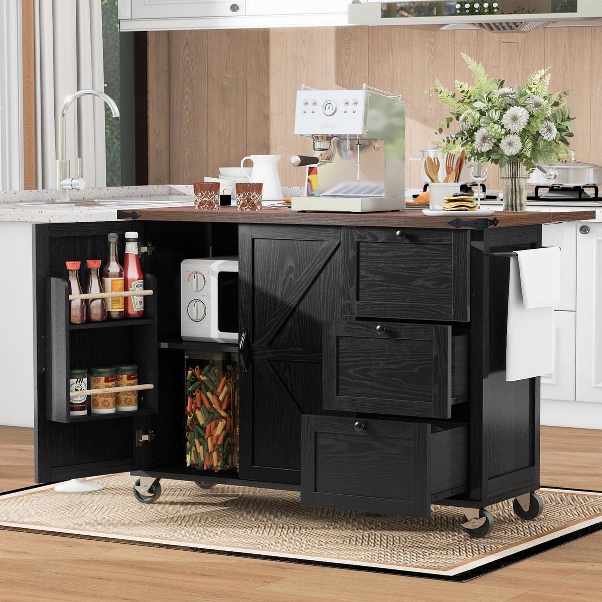 54.5" Farmhouse Kitchen Island with Power Outlet, Kitchen Storage Island with Internal Storage Rack, Drop Leaf, Spice Rack, Rolling Kitchen Cart on Wheels, for Home, Kitchen and Dining Room,Black
