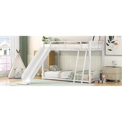 Metal Bunk Bed with Slide, Twin over Twin, White