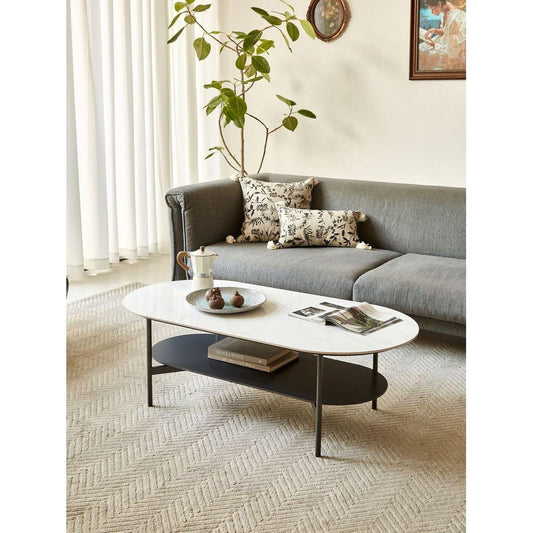 Coffee table ceramic Coffee Table, MDF painting Double Layer Coffee Table for Living Room, white ceramic and Coffee Brown Bottom Shelf - Streamdale Furniture