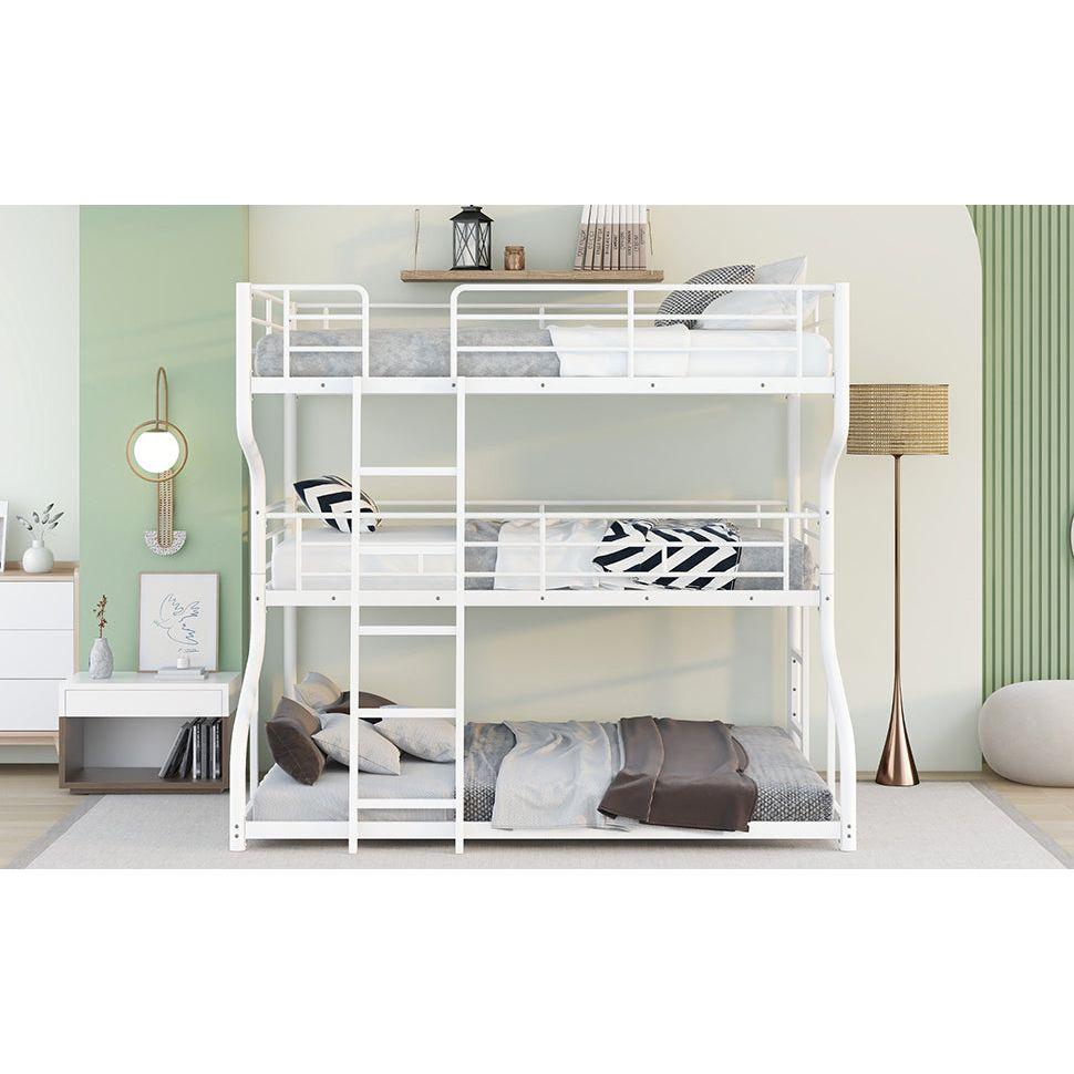 Full XL over Twin XL over Queen Size Triple Bunk Bed with Long and Short Ladder,White