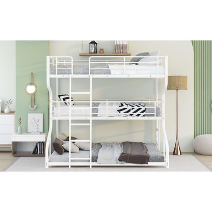 Full XL over Twin XL over Queen Size Triple Bunk Bed with Long and Short Ladder,White