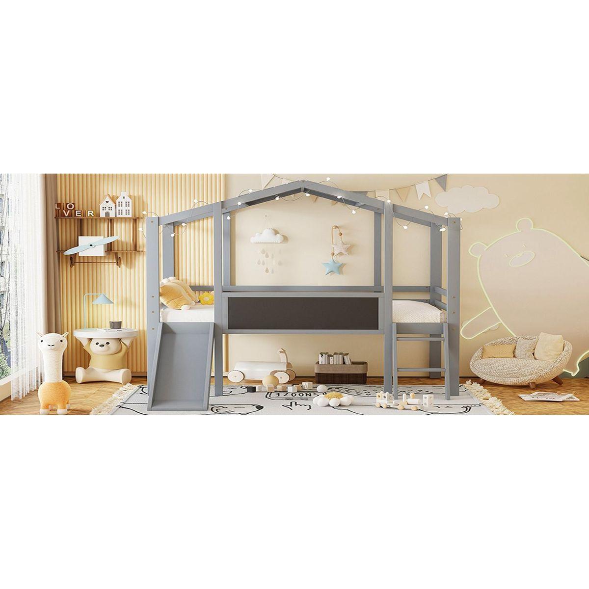 Twin Size Loft Bed with Ladder and Slide, House Bed with Blackboard and Light Strip on the Roof, Gray