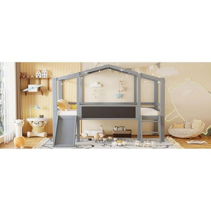 Twin Size Loft Bed with Ladder and Slide, House Bed with Blackboard and Light Strip on the Roof, Gray