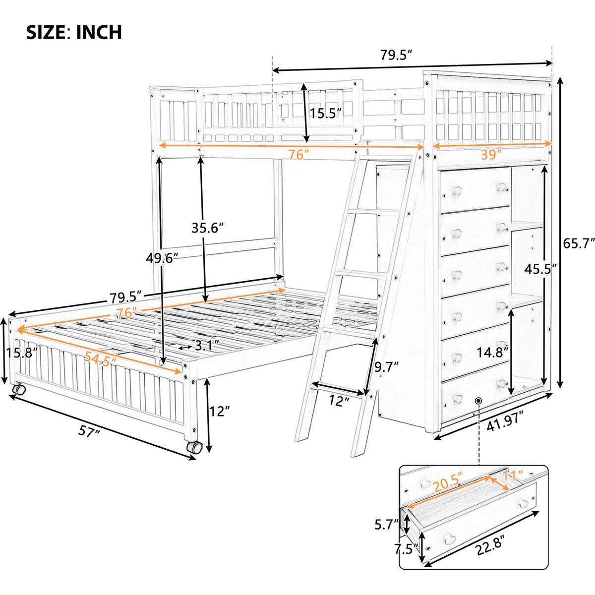 Wooden Twin Over Full Bunk Bed With Six Drawers And Flexible Shelves,Bottom Bed With Wheels,White