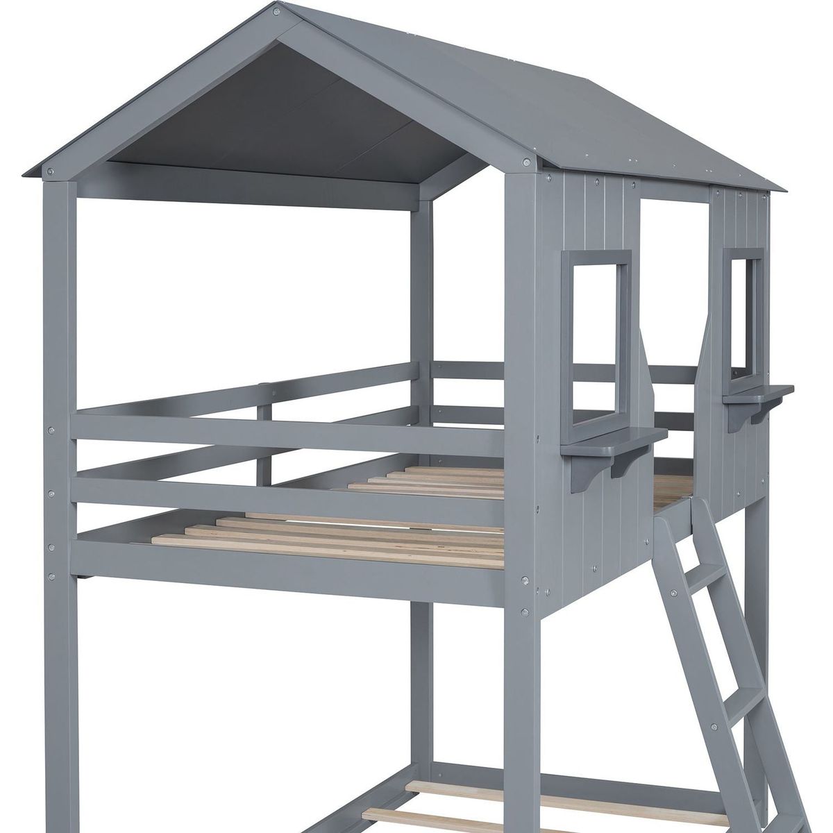 Twin Over Twin Bunk Bed Wood Bed with Roof, Window, Guardrail, Ladder (Gray)