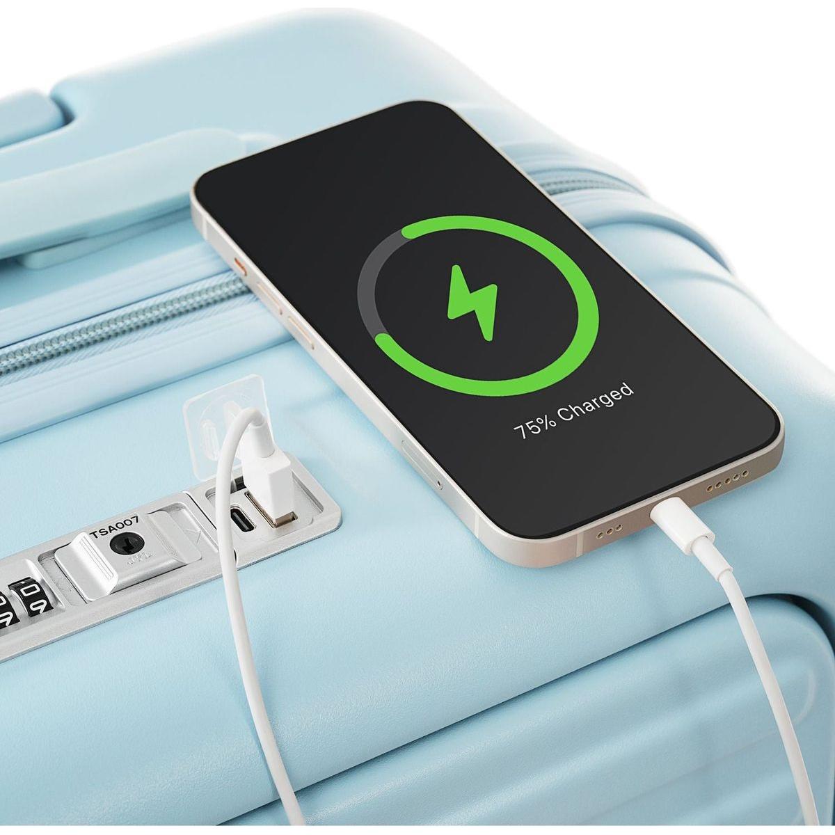 Luggage Set of 3, 20, 24, 28inch with USB Port, 20, 24inch with front opening design Airline Certified Carry on Luggage with Cup Holder, ABS Hard Shell Luggage with Spinner Wheels, light blue