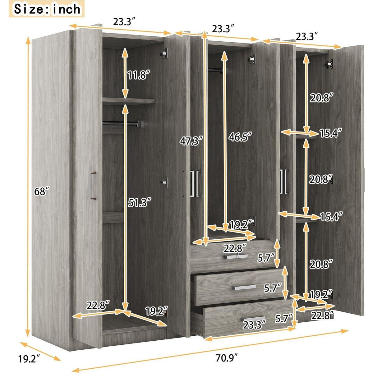 6-Doors Wooden Wardrobe Storage for Bedroom, with Big Drawers, Gray