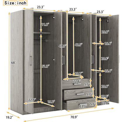 6-Doors Wooden Wardrobe Storage for Bedroom, with Big Drawers, Gray