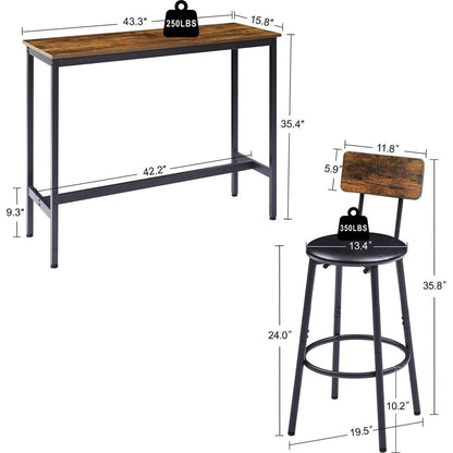 Bar Table Set with 2 Bar stools PU Soft seat with backrest, Rustic Brown, 43.31" L x 15.75" W x 35.43" H.