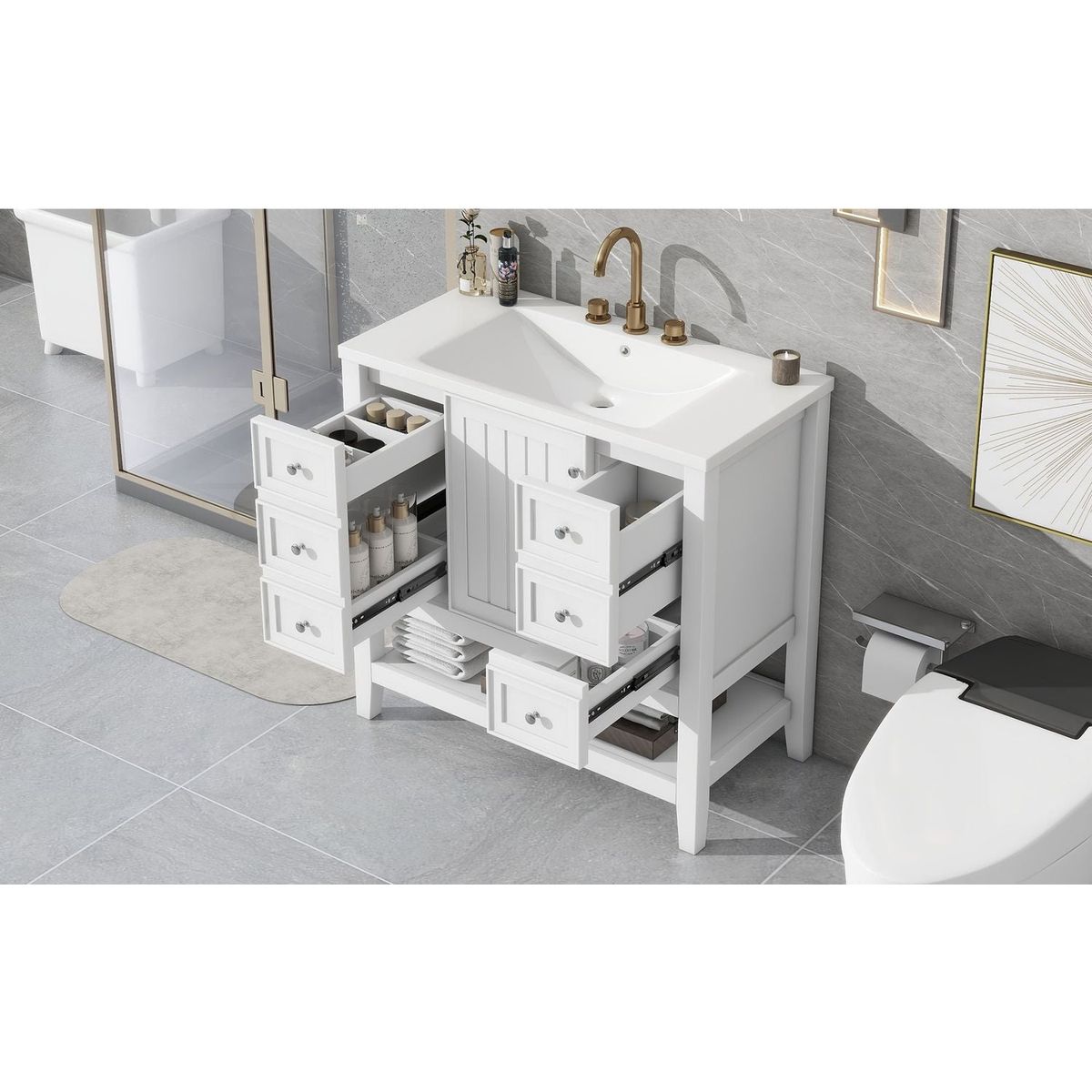 36" Bathroom Vanity with Sink Combo, One Cabinet and Three Drawers, Solid Wood and MDF Board, White