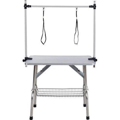 36" Folding Dog Pet Grooming Table Stainless Steel Frame Rubber Mat on Board with Adjustable Arm and Clamps pet dog Cat Grooming Table (SILVER-GRAY COLOR)