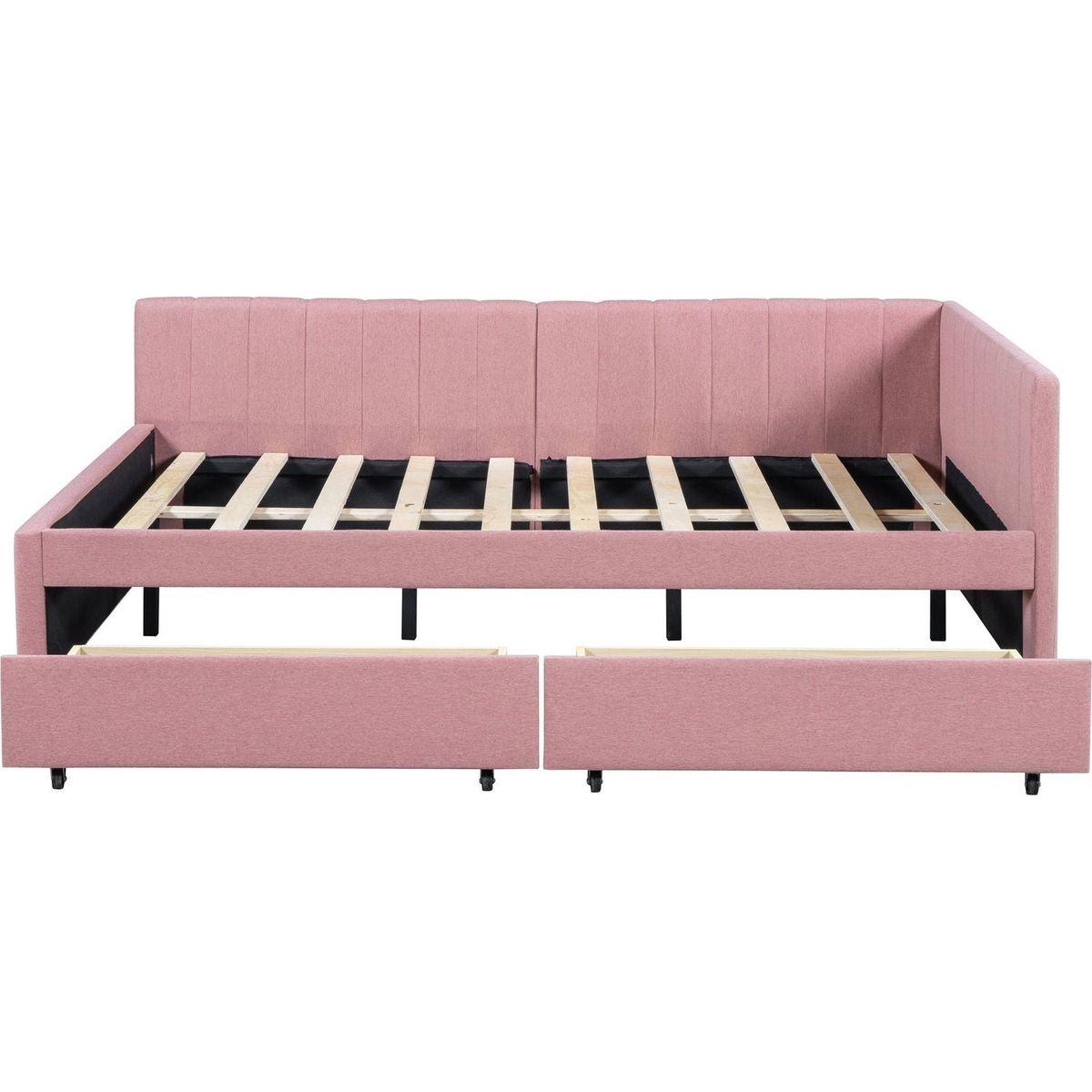 Full Size Upholstered Daybed with 2 Storage Drawers Sofa Bed Frame No Box Spring Needed, Linen Fabric (Pink)