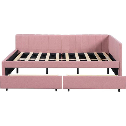 Full Size Upholstered Daybed with 2 Storage Drawers Sofa Bed Frame No Box Spring Needed, Linen Fabric (Pink)