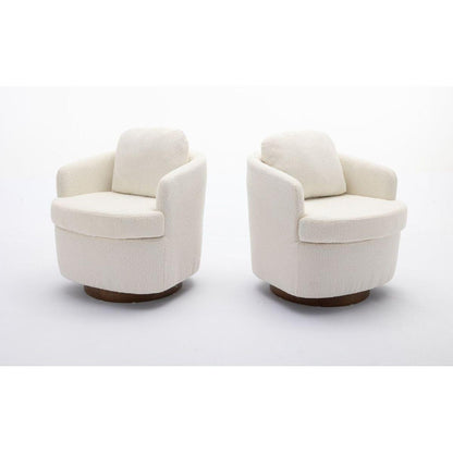 Boucle Fabric Swivel Accent Chair With Soild Wood Round Brown Base Leg,Ivory