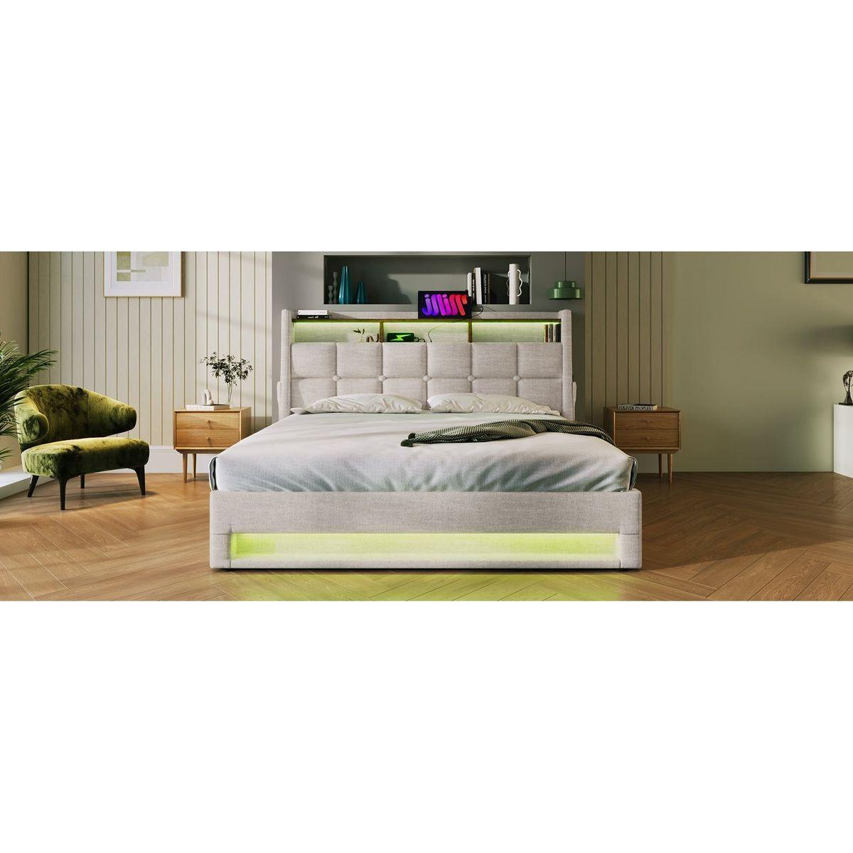 Queen size Upholstered Platform bed with a Hydraulic Storage System, LED and USB Charging, Natural (without mattress)