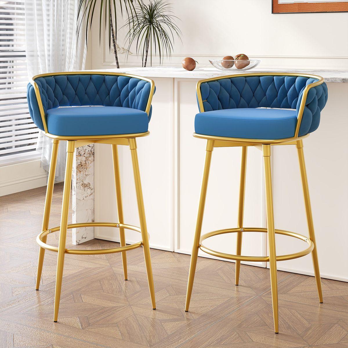 Swivel Counter Height Bar Stools Set of 2, 31.' Bar Height Stools with Hand-Woven Backrest & Gold Metal Legs, Modern Low Back Upholstered Kitchen Chairs with Footrest for Island, Dining Room,Blue