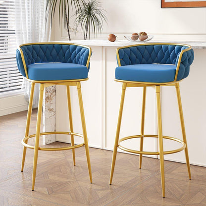 Swivel Counter Height Bar Stools Set of 2, 31.' Bar Height Stools with Hand-Woven Backrest & Gold Metal Legs, Modern Low Back Upholstered Kitchen Chairs with Footrest for Island, Dining Room,Blue