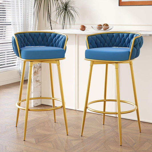 Swivel Counter Height Bar Stools Set of 2, 31.' Bar Height Stools with Hand-Woven Backrest & Gold Metal Legs, Modern Low Back Upholstered Kitchen Chairs with Footrest for Island, Dining Room,Blue