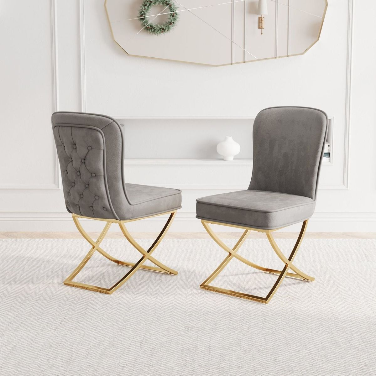 Dining Chair Set of 2, grey velvet Backrest and golden Metal legs.For Modern Kitchen Dining Room Chair for Kitchen Living Modern decorative Leisure chairs Office chairs