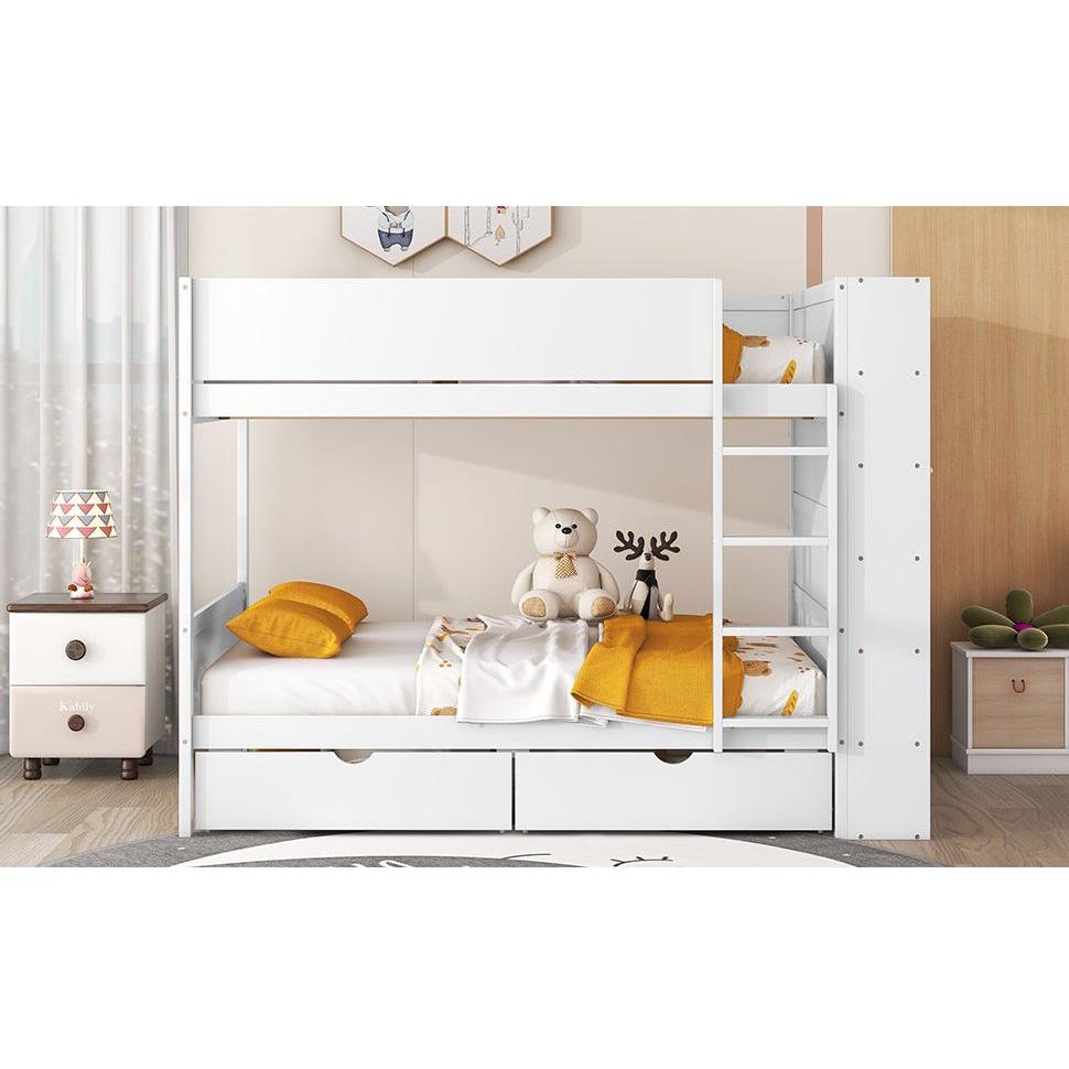 Full over Full Bunk Bed With 2 Drawers and Multi-layer Cabinet, White