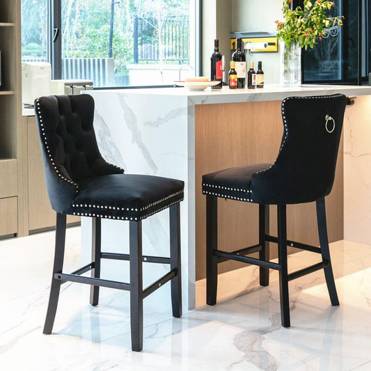 Contemporary Velvet Upholstered Barstools with Button Tufted Decoration and Wooden Legs, and Chrome Nailhead Trim, Leisure Style Bar Chairs,Bar stools, Set of 2 (Black),SW2002BK