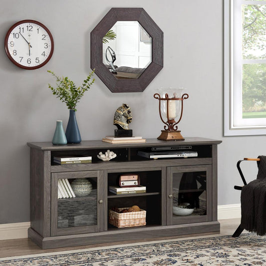 Modern TV Stand Media Stand Modern Entertainment Console for TV Up to 65" with Open and Closed Storage Space, Dark Walnut/Black, 60"Wx15.75"Dx29"H