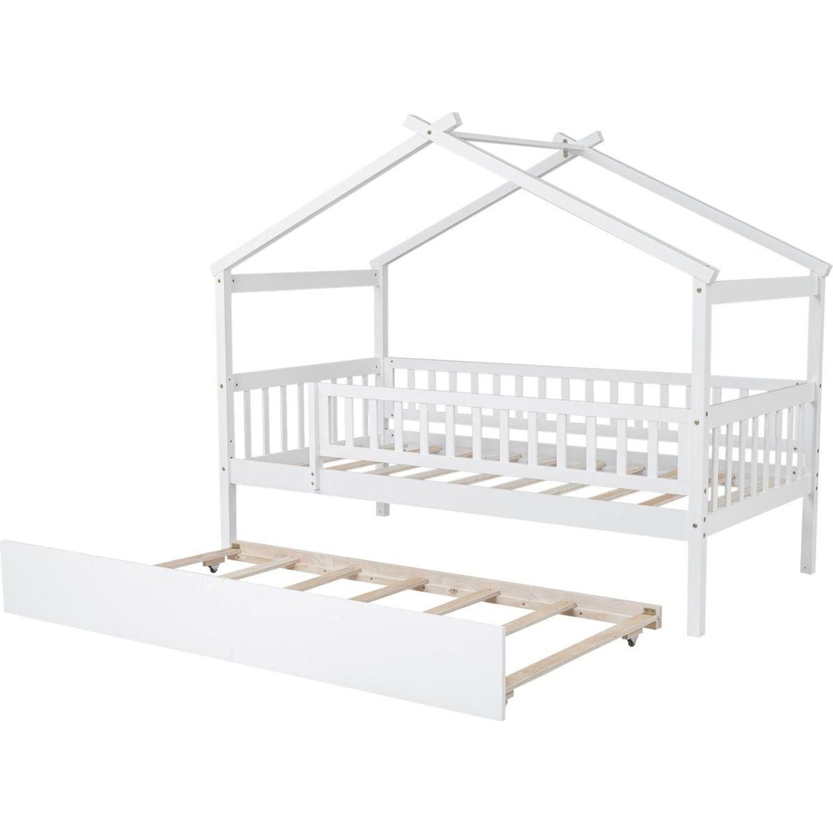 Twin Size Wooden House Bed with Twin Size Trundle, White