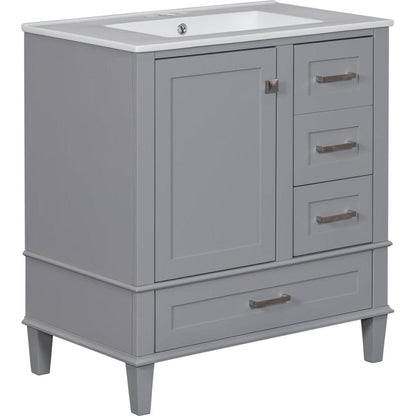 30" Bathroom Vanity, Modern Bathroom Cabinet with Sink Combo Set, Bathroom Storage Cabinet with a Soft Closing Door and 3 Drawers, Solid Wood Frame(Grey)