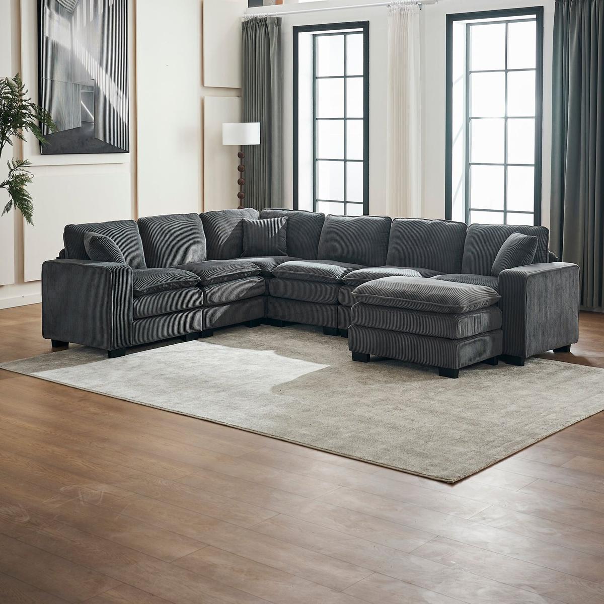 Modern U Shaped 6-seat Sectional Sofa Couch with one Ottoman and three toss pillows, Modular Sofa for Living Room,Corduroy sofa