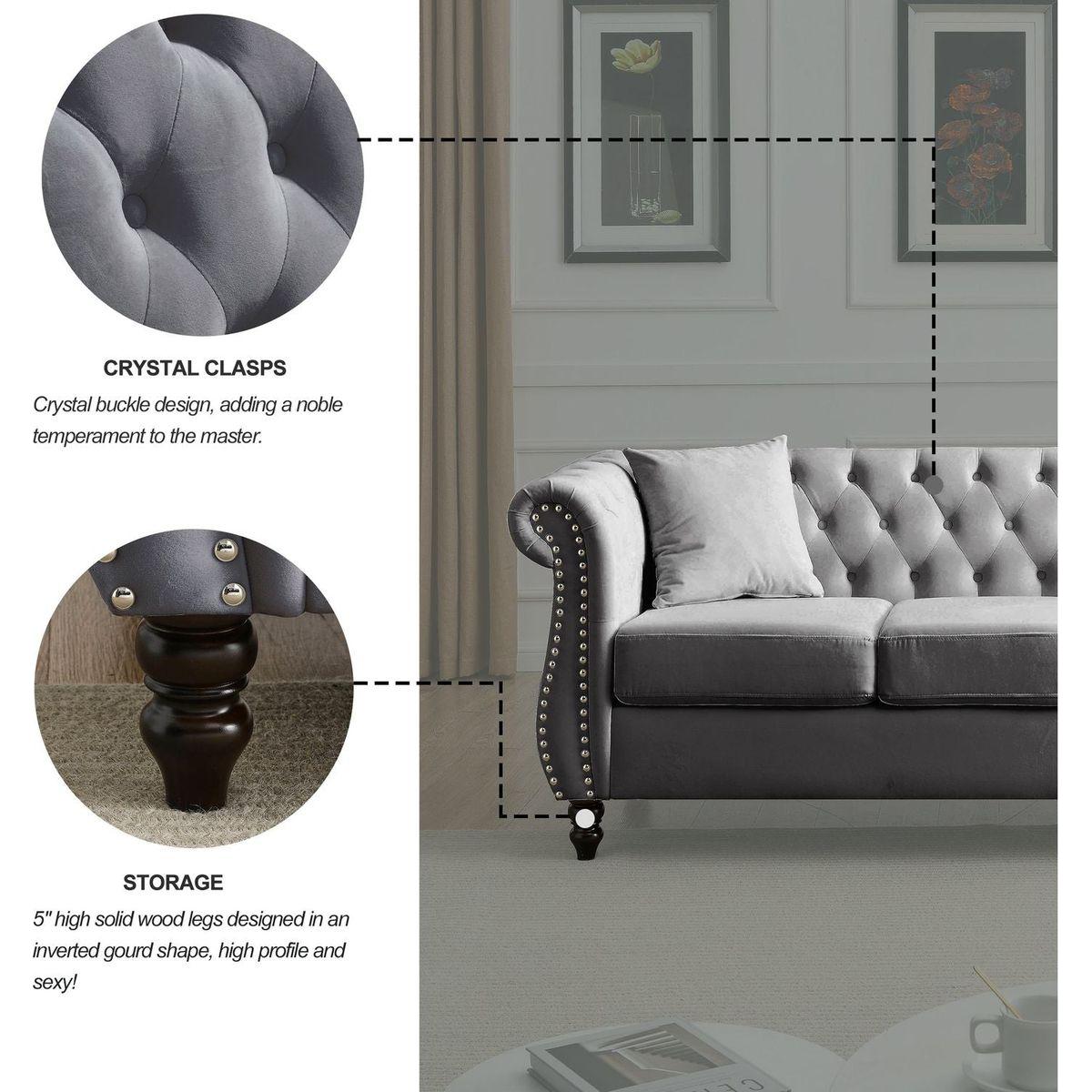 80" Chesterfield Sofa Grey Velvet for Living Room, 3 Seater Sofa Tufted Couch with Rolled Arms and Nailhead for Living Room, Bedroom, Office, Apartment, two pillows