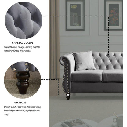 80" Chesterfield Sofa Grey Velvet for Living Room, 3 Seater Sofa Tufted Couch with Rolled Arms and Nailhead for Living Room, Bedroom, Office, Apartment, two pillows