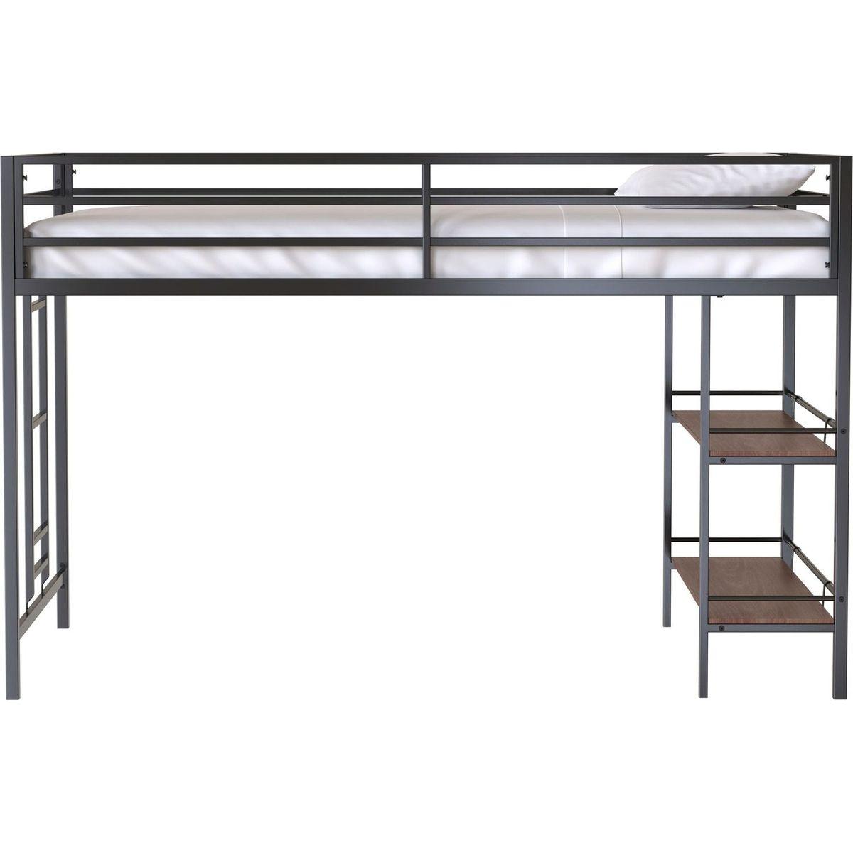 Adam sturdy junior twin loft bunk black with Cinnamon wood shelf for kids with easy climbing ladder, space saving