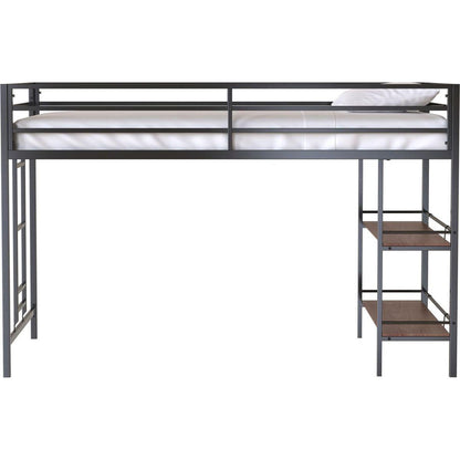 Adam sturdy junior twin loft bunk black with Cinnamon wood shelf for kids with easy climbing ladder, space saving