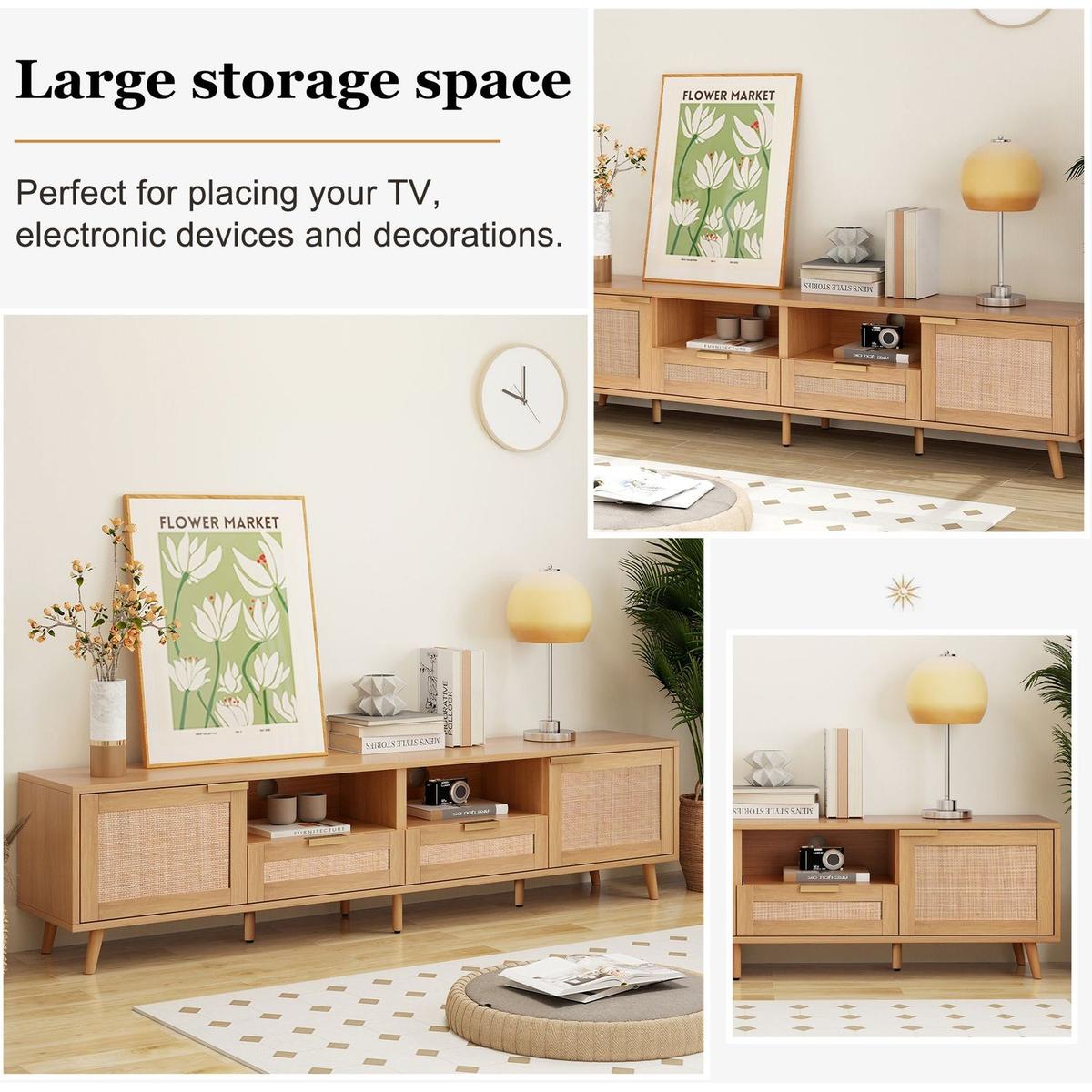 Rattan TV Stand for TVs up to 85", Modern Farmhouse Media Console, Entertainment Center with Solid Wood Legs, TV Cabinet for Living Room,Home Theatre