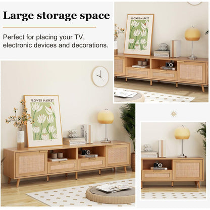 Rattan TV Stand for TVs up to 85", Modern Farmhouse Media Console, Entertainment Center with Solid Wood Legs, TV Cabinet for Living Room,Home Theatre