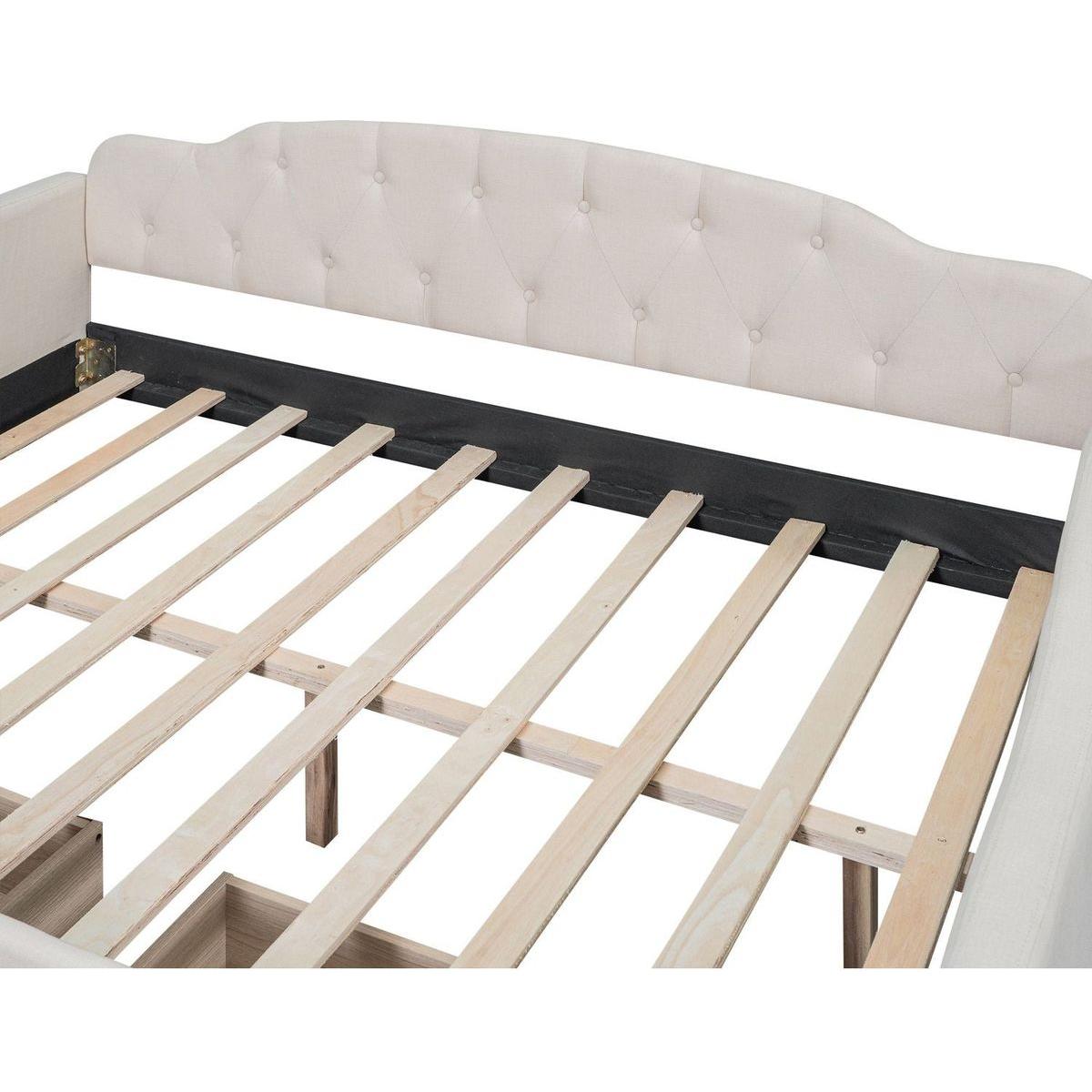Full Size Upholstered Tufted Daybed with Two Drawers, Beige