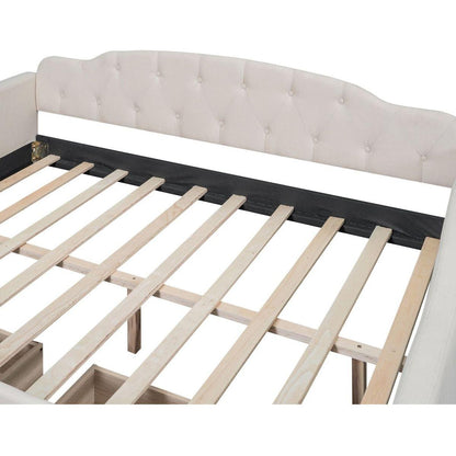 Full Size Upholstered Tufted Daybed with Two Drawers, Beige