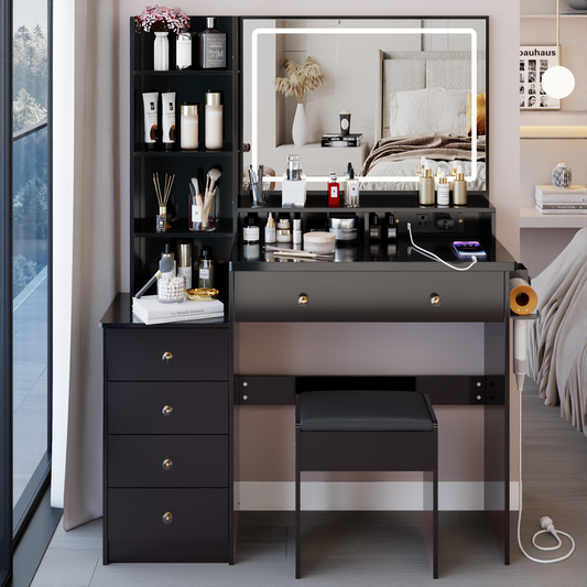 41' Large Size Left Bedside Cabinet Vanity Table+Cushioned Stool Dresser Set, 2 AC+2 USB Power Station, Hair Dryer Stand, Extra Large Touch Control LED Mirror, 3-color Switch, EPA, GCC, UL Certificate