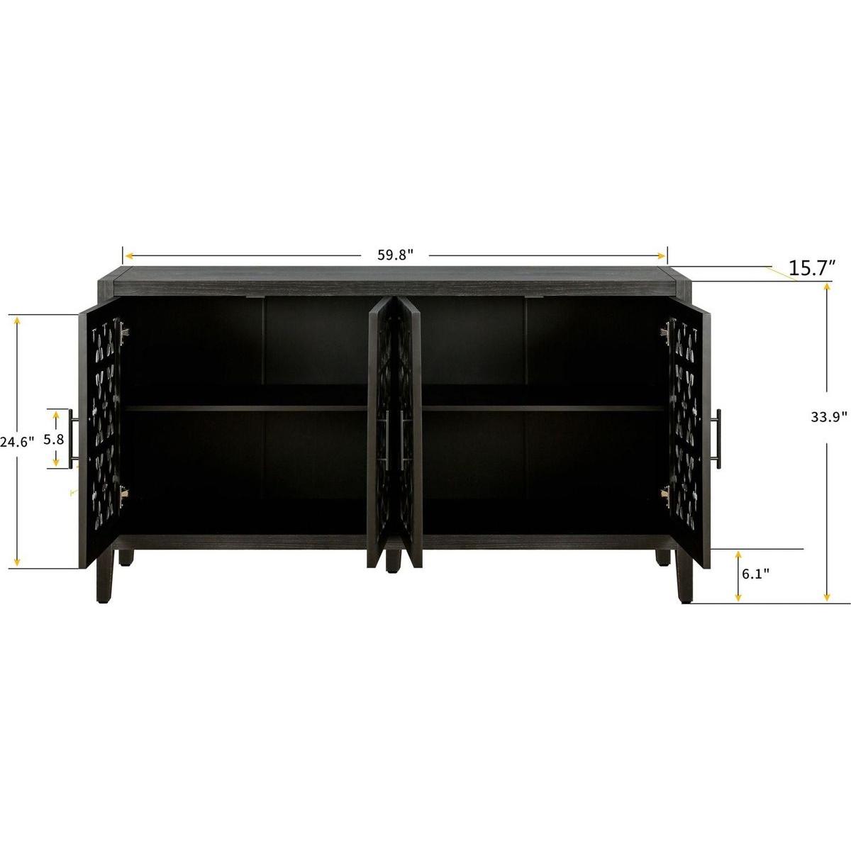 Hollow Four Door Antique Cabinet, American Country Style, Suitable for Living Room, TV Cabinet, Kitchen (Antique Black)