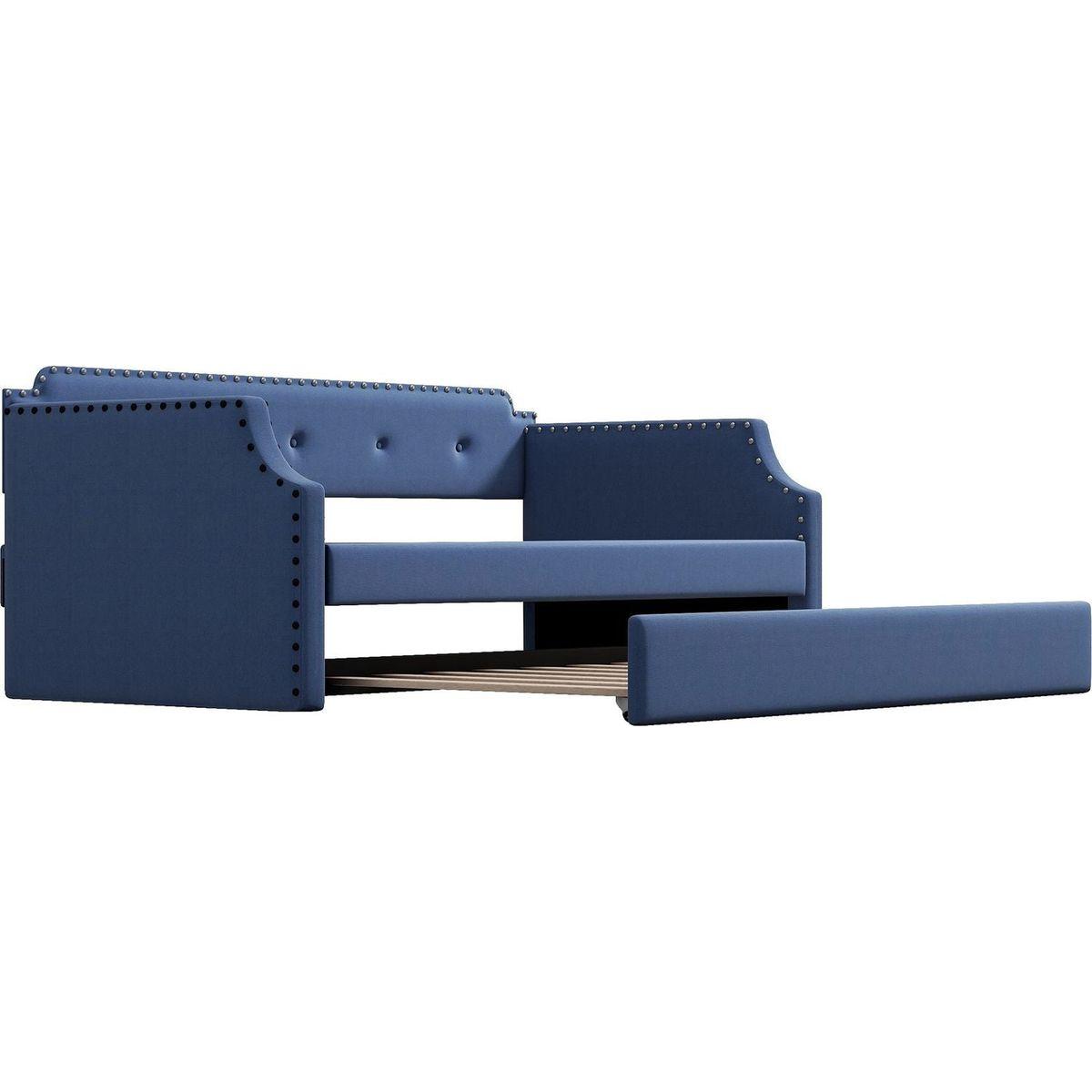 Upholstered Daybed with Trundle, Wood Slat Support,Upholstered Frame Sofa Bed, Twin,Blue