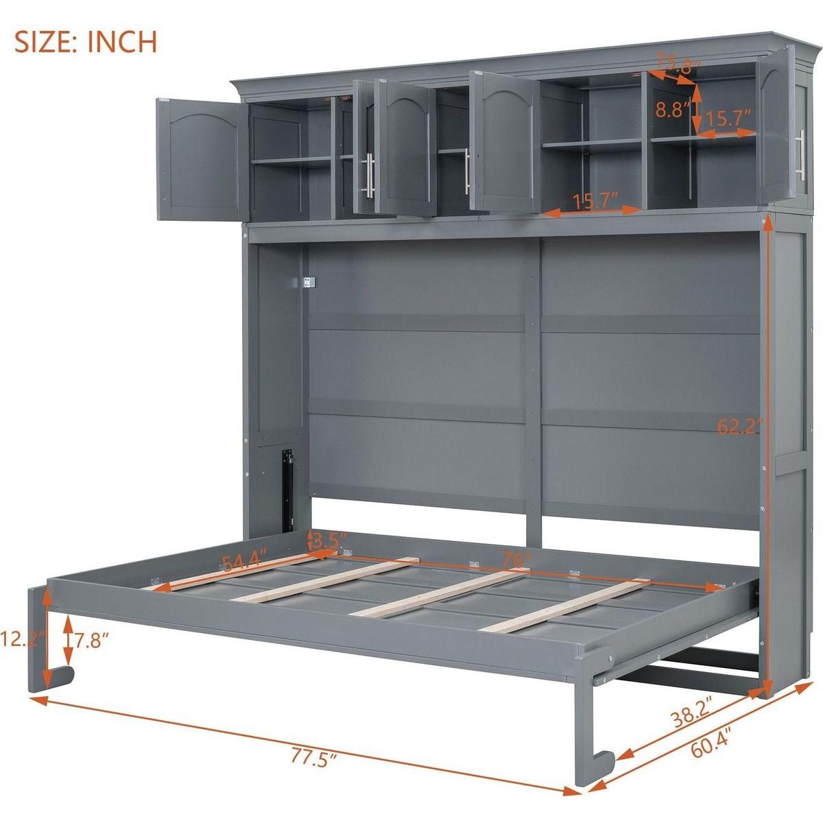 Full Size Murphy Bed Wall Bed with Top Cabinets,Gray