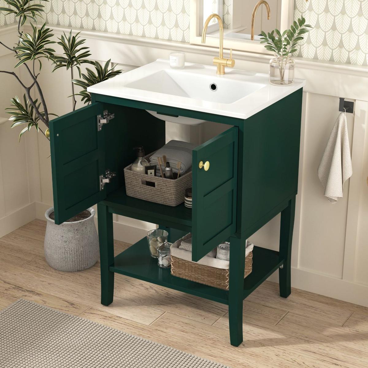 24" Bathroom Vanity with Top Sink, Modern Bathroom Storage Cabinet with 2 Doors, Single Sink Bathroom Vanity