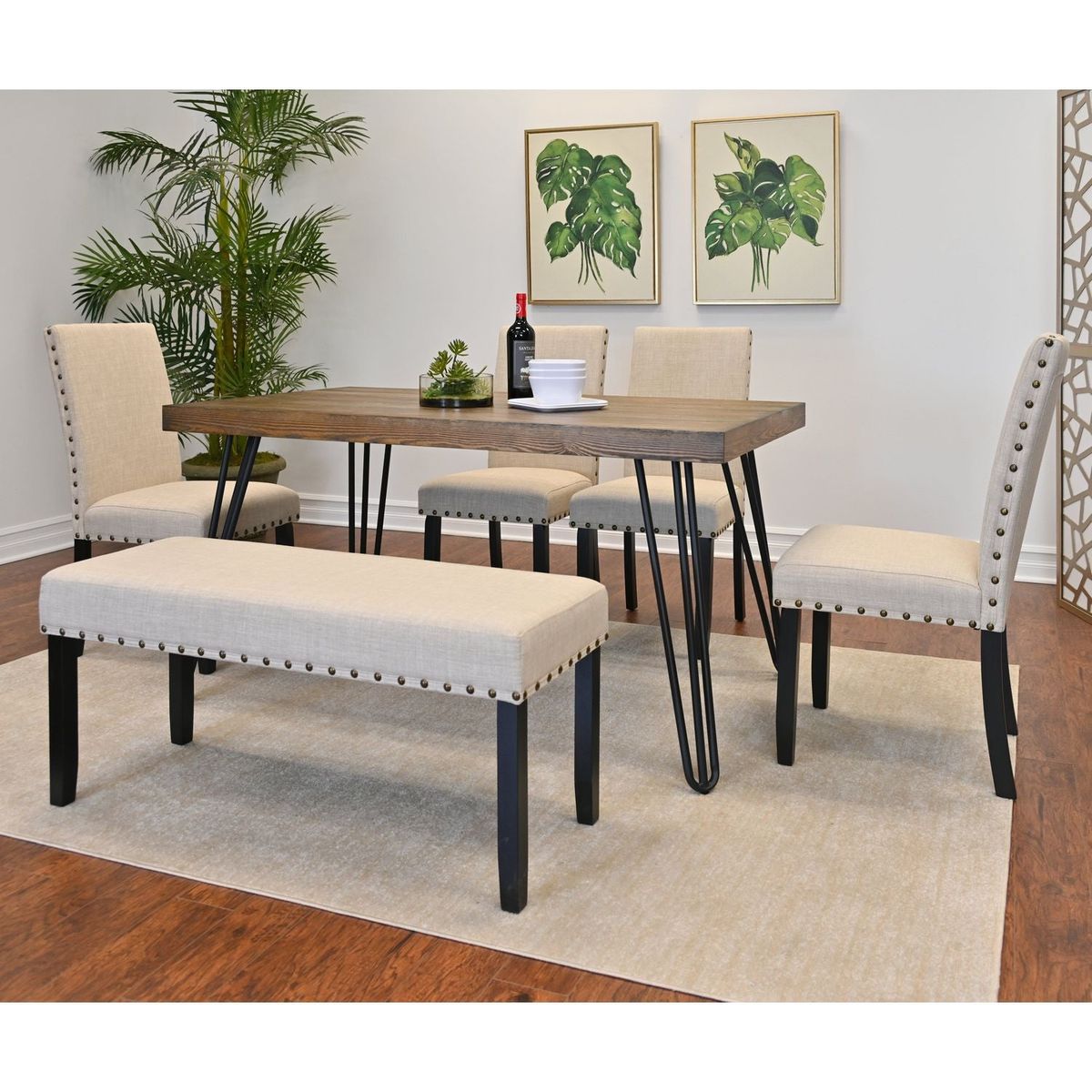 Amisos 6-Piece Dining Set, Hairpin Dining Table with 4 Chairs and Upholstery Bench, 3 Color Options