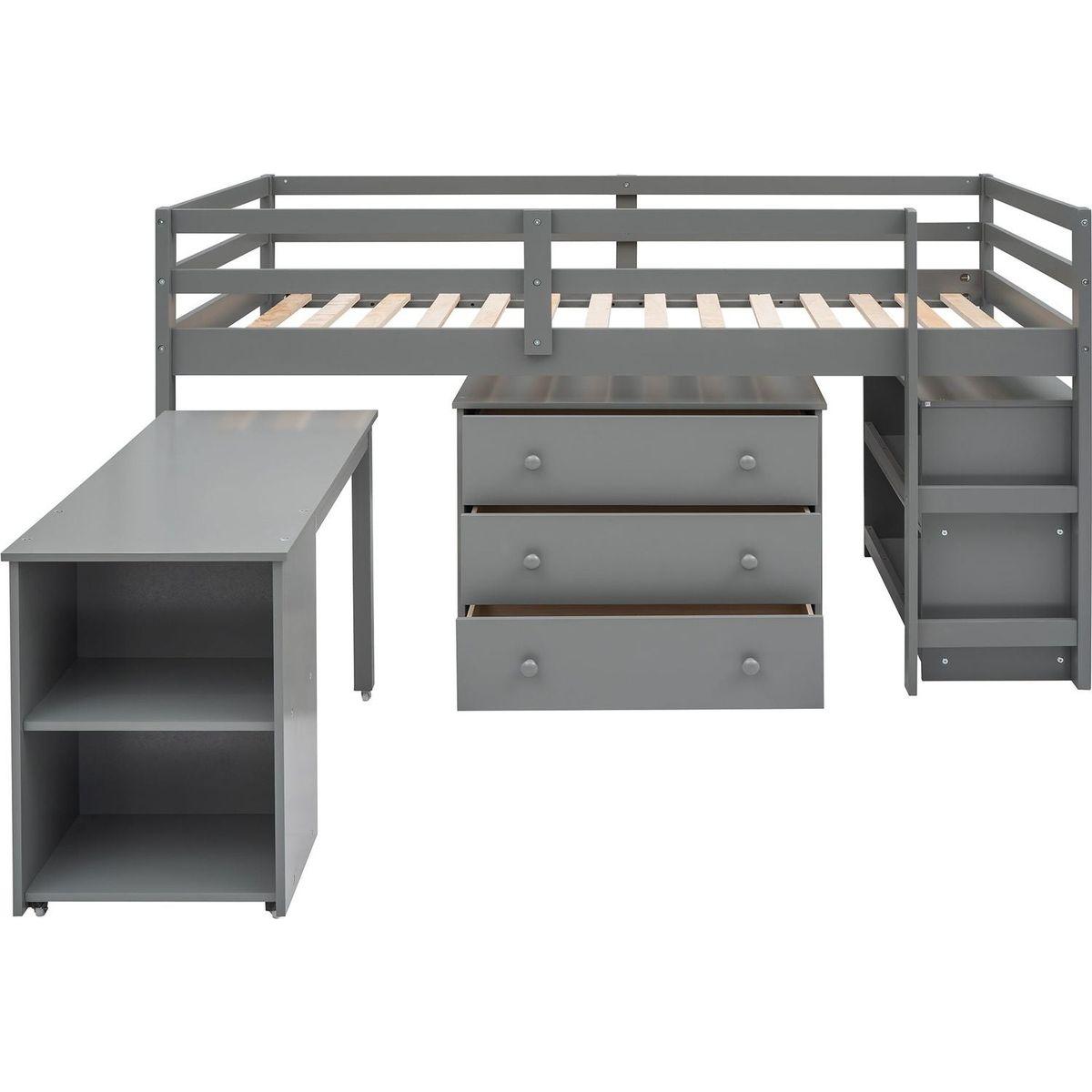 Low Study Twin Loft Bed with Cabinet and Rolling Portable Desk - Gray