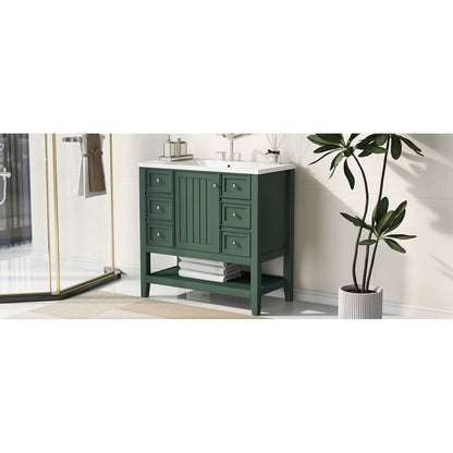 36" Bathroom Vanity with Sink Combo, One Cabinet and Three Drawers, Solid Wood and MDF Board, Green