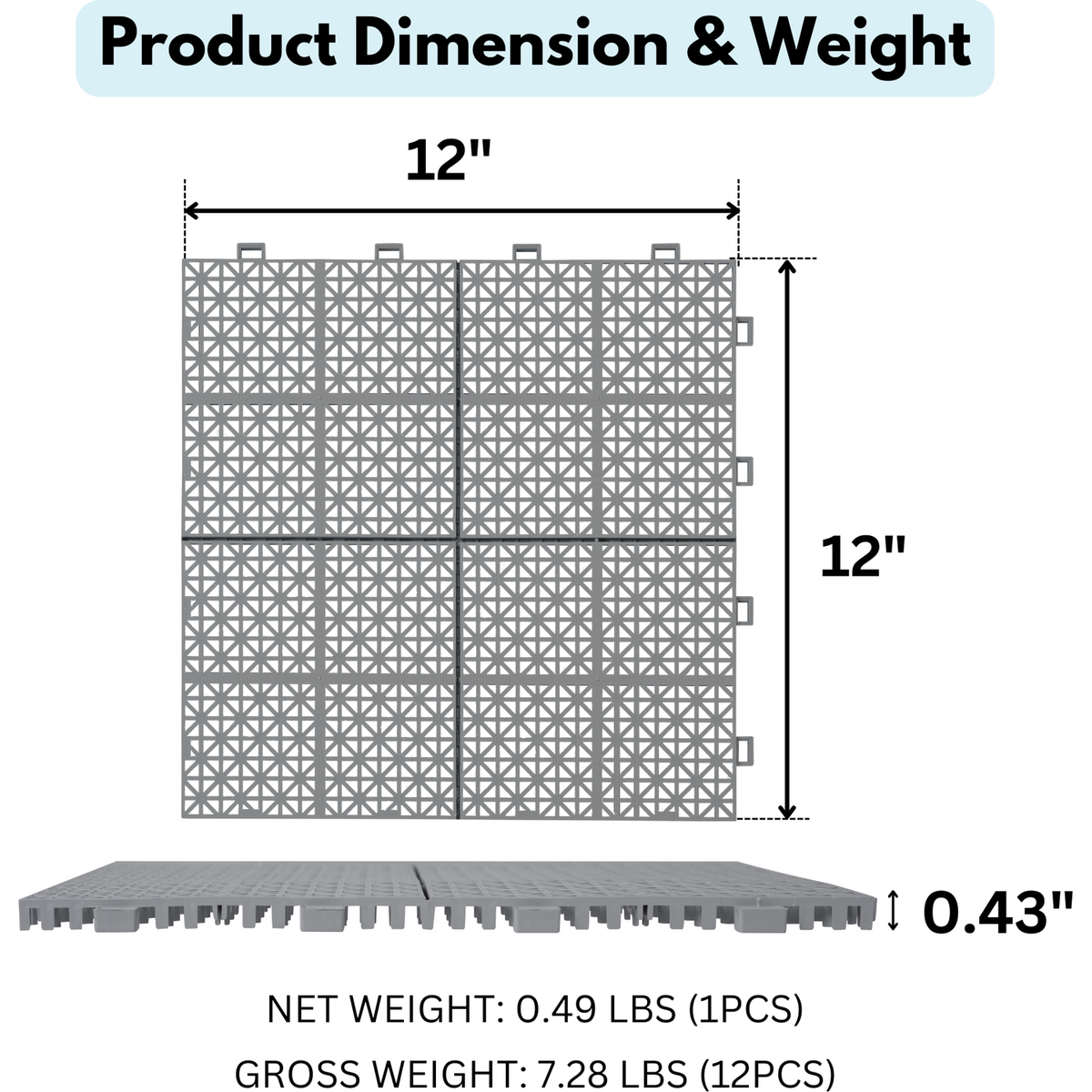 12 x 12 Inch Gray Interlocking Deck Tiles Plastic Waterproof Outdoor All Weather Anti-slip Bathroom Shower Balcony Porch Strong Weight Capacity Upto 6613 LBS, Rosette Pattern Pack of 12